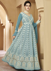 Heavy Faux Georgette Embroidered Gown in Sky Blue